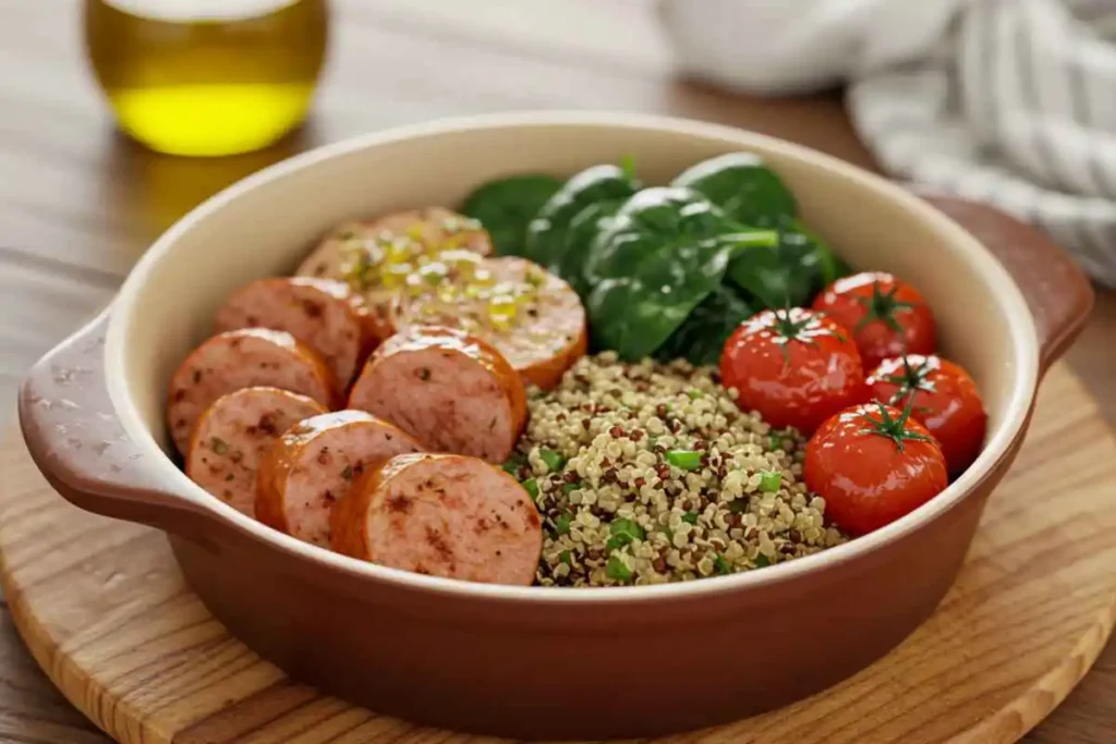  Healthy chicken sausage and quinoa bowl with fresh vegetables and olive oil drizzle.