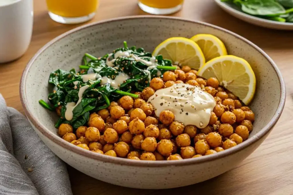 Protein-rich chickpea and spinach breakfast bowl with tahini drizzle and fresh lemon wedges.

