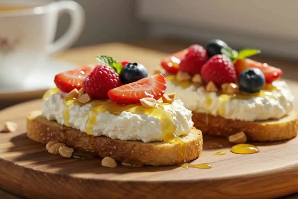 toasted bread topped with cottage cheese, fresh strawberries, raspberries, blueberries, chopped nuts, and drizzled with honey,