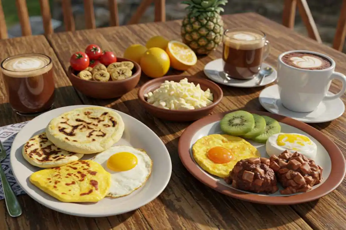 A colorful Colombian breakfast table with arepas, eggs, cheese, and coffee in a rustic kitchen setting.