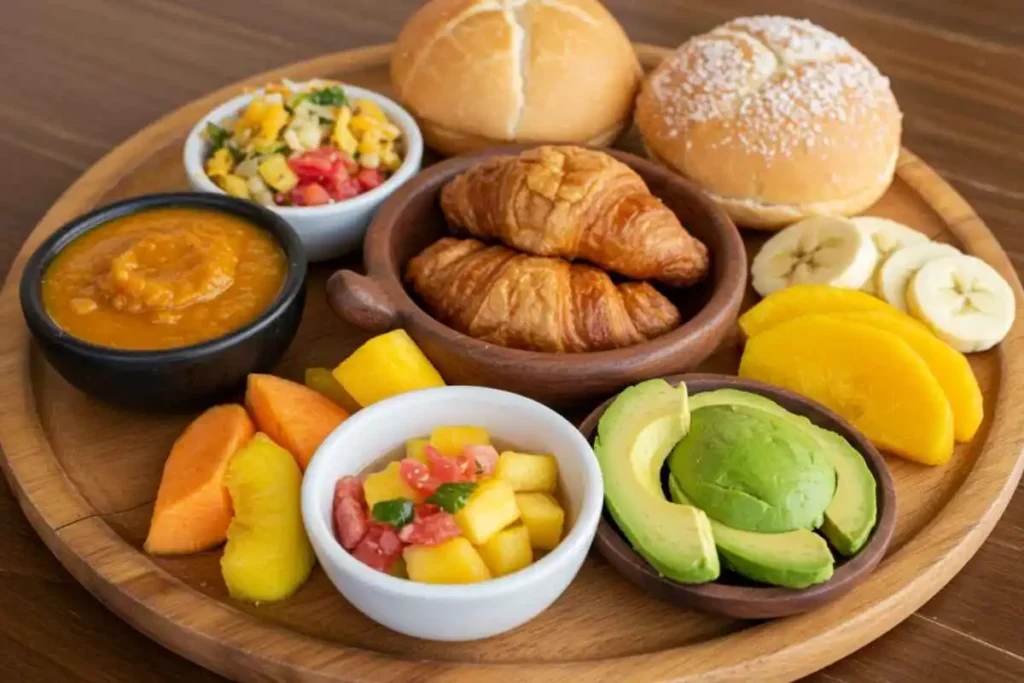  A platter of Colombian breakfast sides including cheese bread, hogao sauce, and tropical fruits.