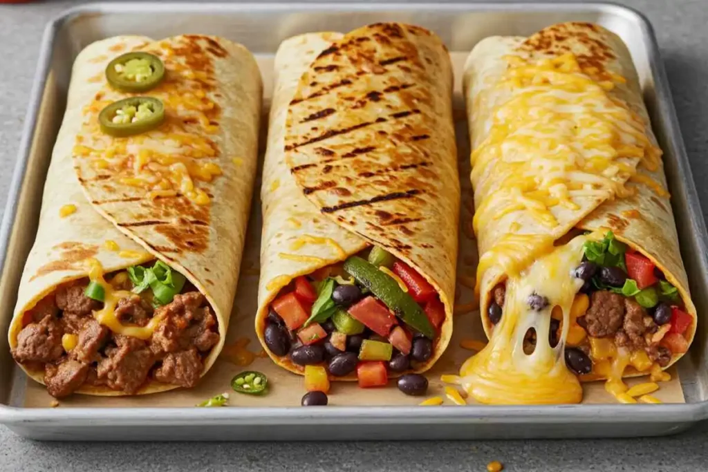  Three versions of the Cheesy Double Beef Burrito: a spicy jalapeño-filled burrito, a vegetarian version with beans and veggies, and an extra-cheese variation.