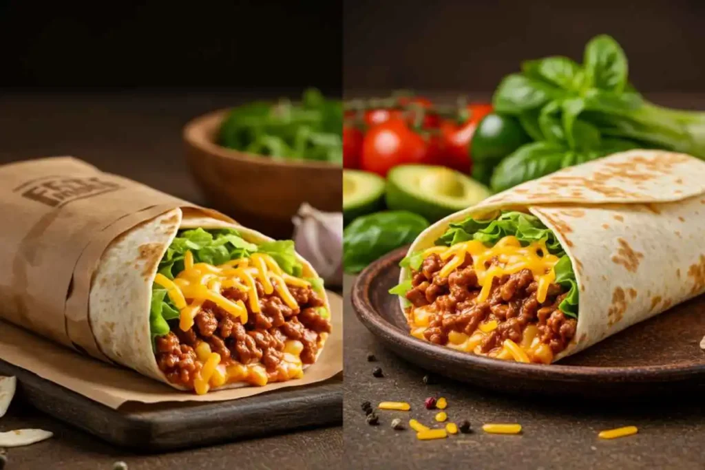  Side-by-side comparison of a Taco Bell Cheesy Double Beef Burrito in branded wrapping and a homemade version on a rustic plate with fresh ingredients.