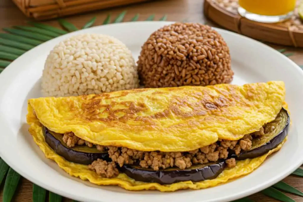  Filipino-style tortang talong (eggplant omelette) with ground chicken, served with brown