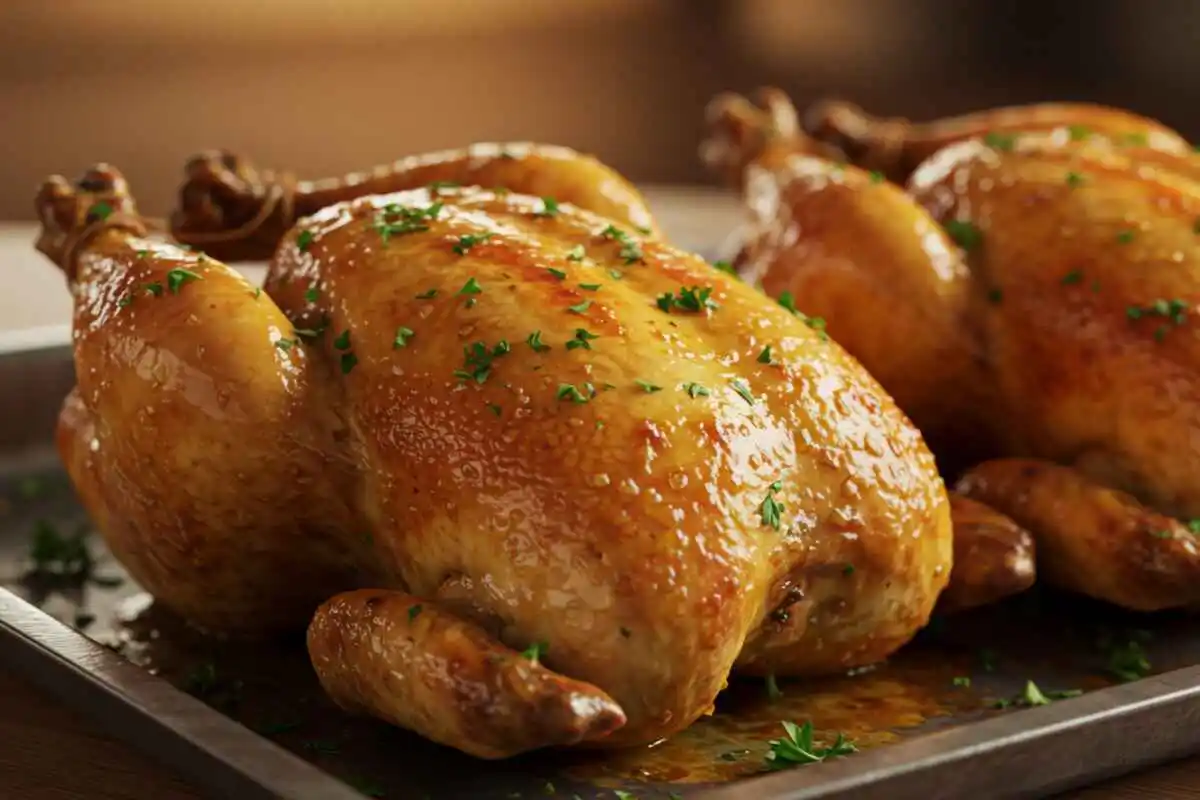 Crispy, golden-brown whole chickens baked to perfection on a metal tray, garnished with fresh parsley.