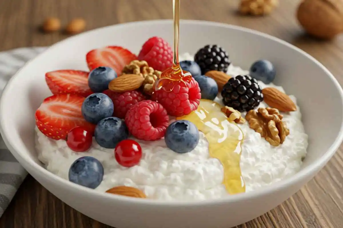 cottage cheese with milk and fruits on a wooden