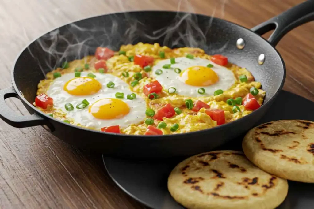 A plate of fluffy Colombian scrambled eggs with tomatoes and green onions, served with