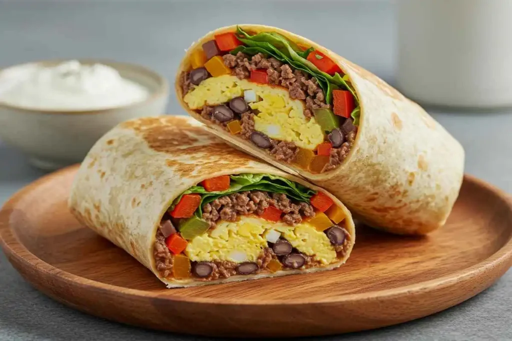  Mexican breakfast burrito filled with lean beef, scrambled eggs, black beans, and bell