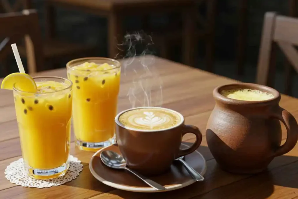  Colombian breakfast drinks, including coffee, fruit juice, and aguapanela.