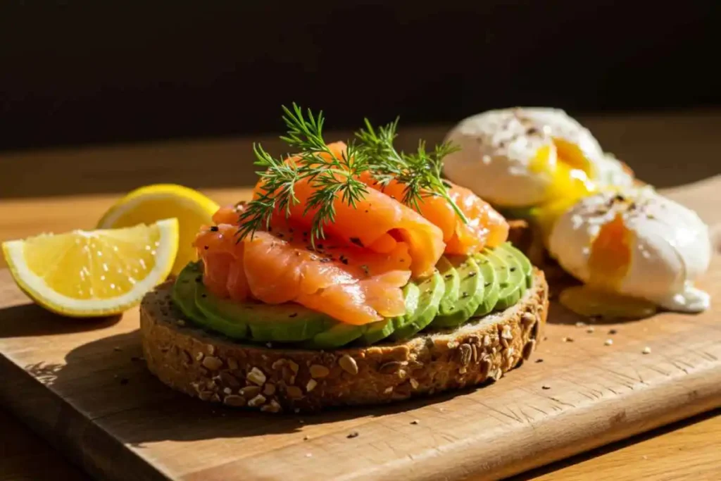 Whole-grain avocado toast topped with smoked salmon, fresh dill, and a squeeze of lemon.