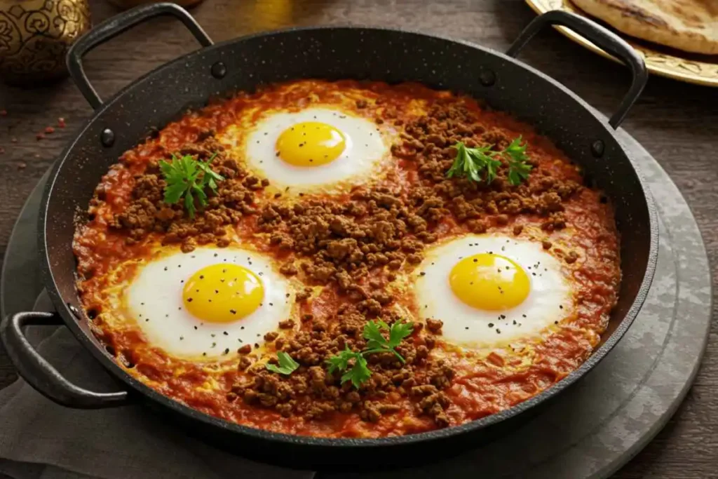 : Middle Eastern shakshouka with poached eggs in a spiced tomato sauce, topped with lean