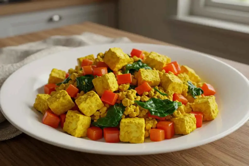  Golden tofu scramble with sautéed bell peppers and spinach, served on a white ceramic plate.