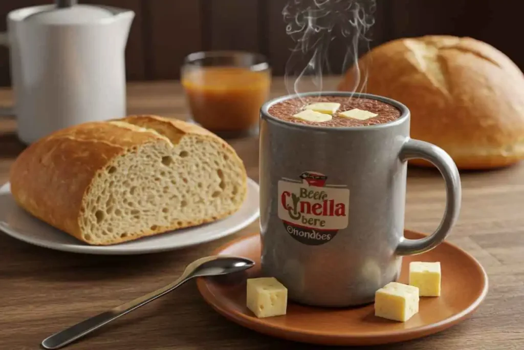  A mug of Colombian hot chocolate with melted cheese inside, served with bread.