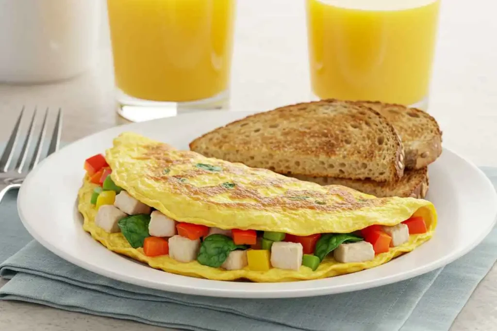 High-protein turkey and vegetable omelette with bell peppers and spinach on a white plate.