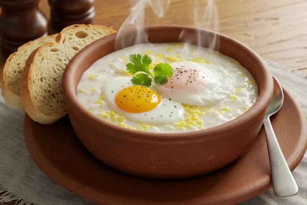 A warm bowl of Colombian changua soup with poached eggs and cilantro, served with bread.