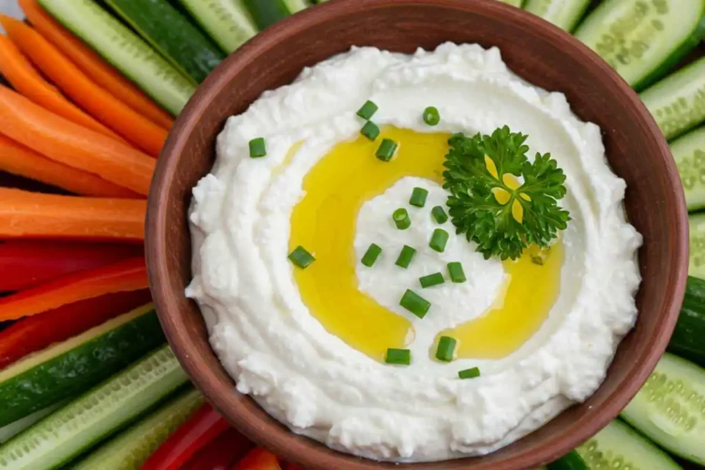 A wooden bowl filled with creamy whipped feta dip, garnished with olive oil, chopped chives, and fresh parsley, surrounded by an assortment of fresh vegetable sticks including cucumbers, carrots, and red bell peppers.