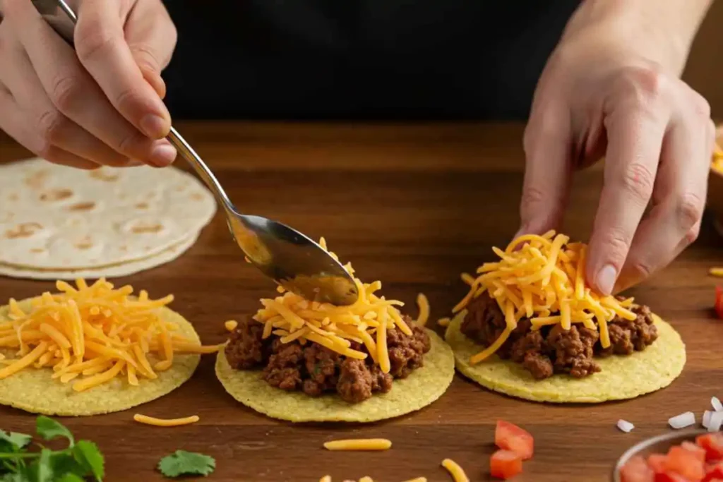 assembling mini tacos with beef and cheese on tortillas
