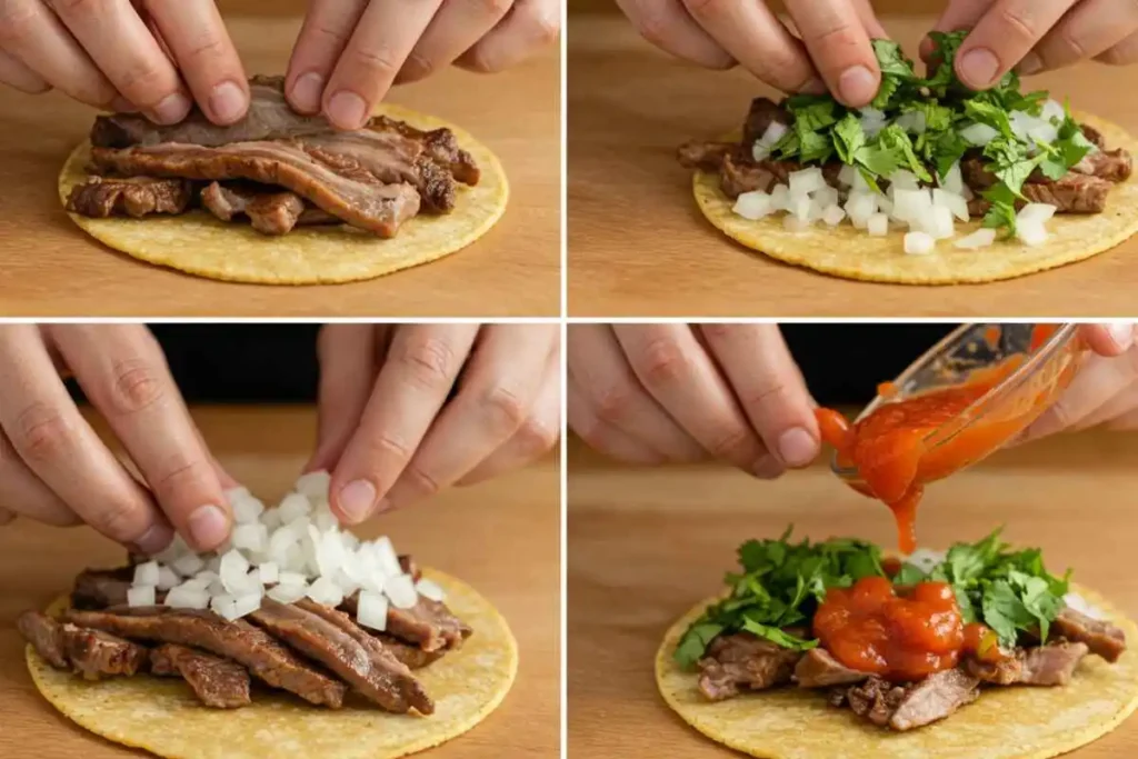  Beef tongue taco being topped with cilantro, onions, and salsa.