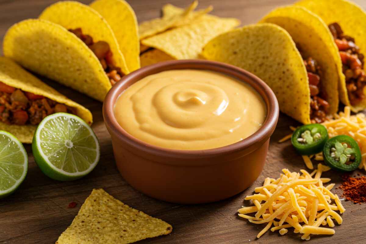 A bowl of cheesy taco sauce surrounded by taco shells, tortilla chips, and fresh Mexican ingredients