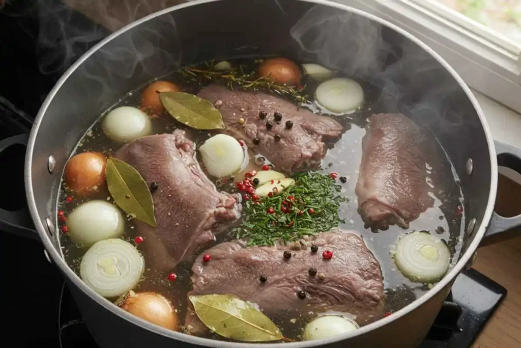  Beef tongue boiling in water with garlic, onions, and spices. 
