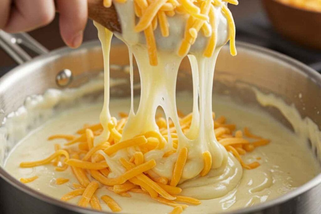 Shredded cheese melting into a creamy white sauce on stovetop