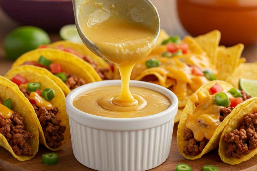 Finished cheesy taco sauce being ladled over tacos and nachos