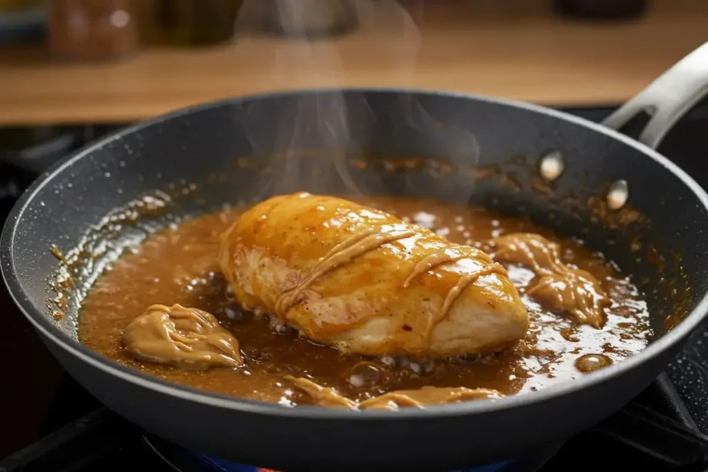  Chicken pieces cooking in a skillet filled with peanut butter sauce