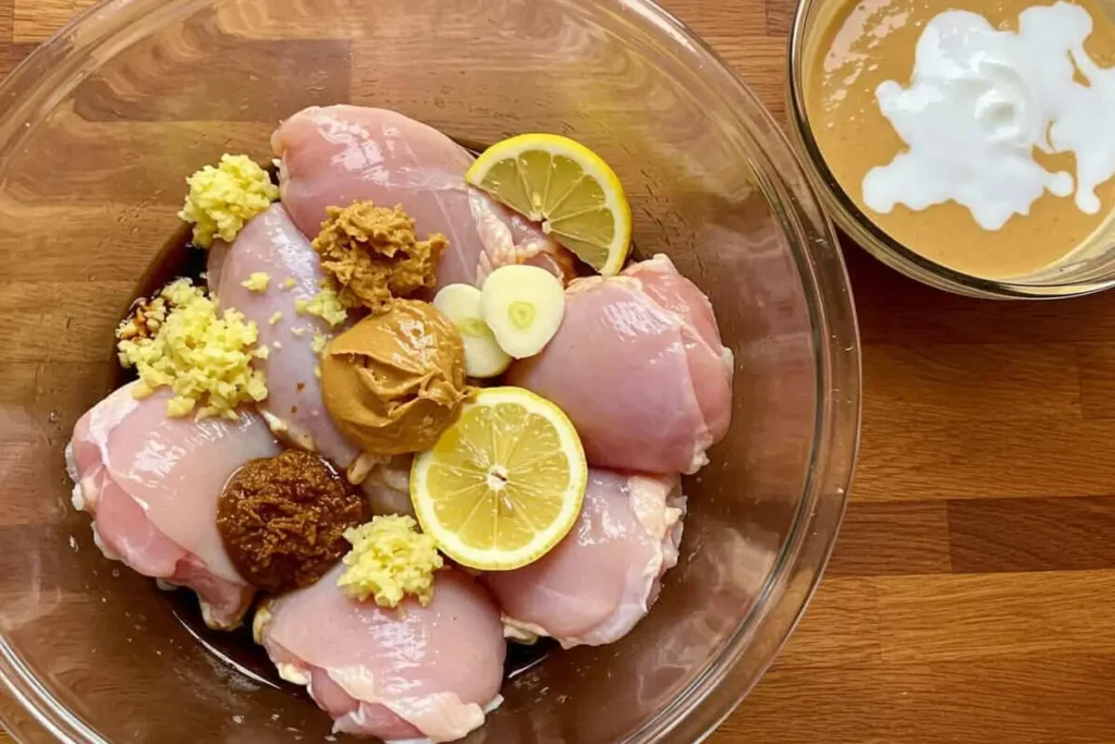 Chicken marinating with peanut butter, garlic, and soy sauce; sauce base ingredients nearby