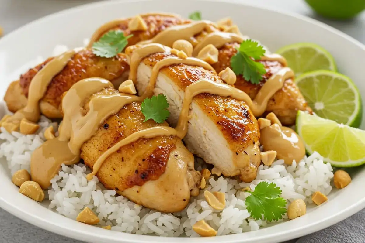 Top view of chicken in peanut butter sauce with jasmine rice and garnishes