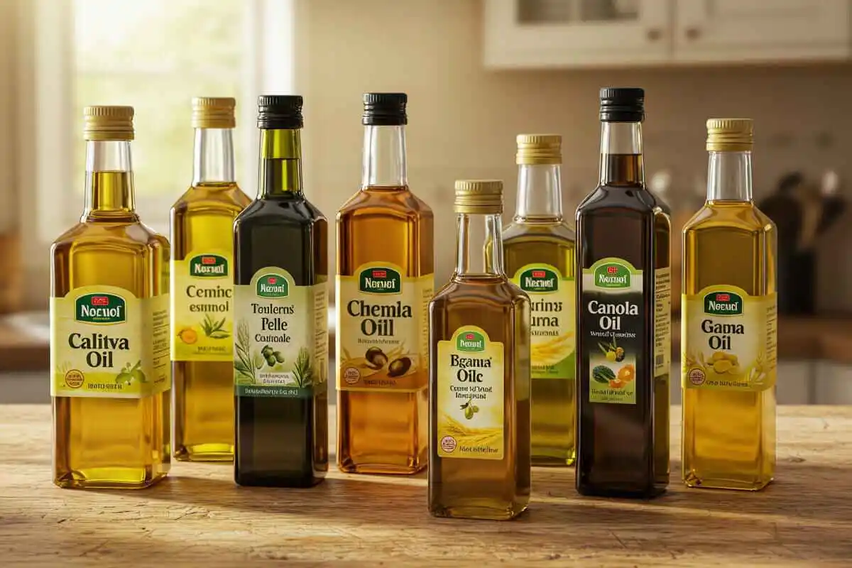 Different cooking oils used for frying placed in labeled glass bottles.