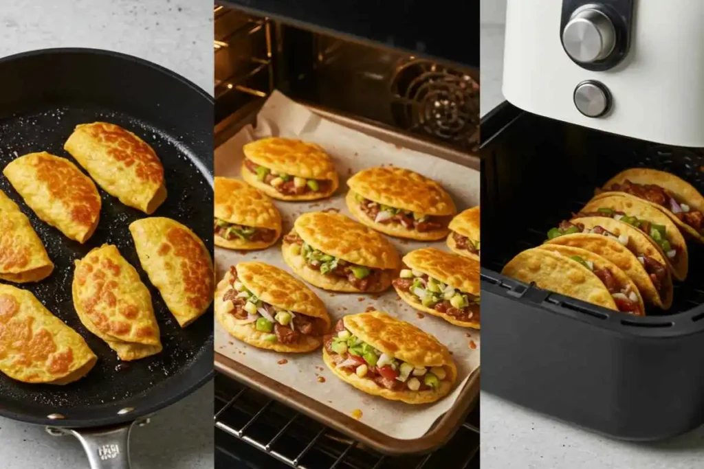 Mini tacos being cooked in a skillet, oven, and air fryer side-by-side