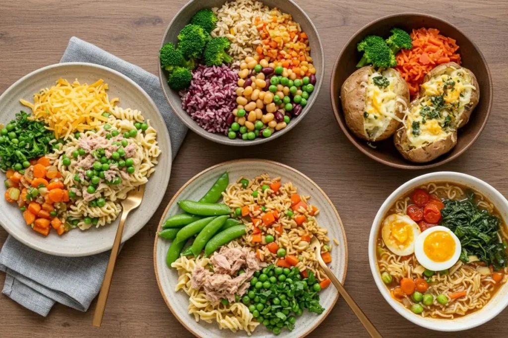 Four affordable quick dinners including tuna pasta, rice and bean bowls, loaded baked potatoes, and upgraded ramen with veggies