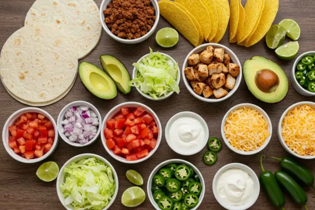 Fresh taco ingredients displayed in a flat lay style