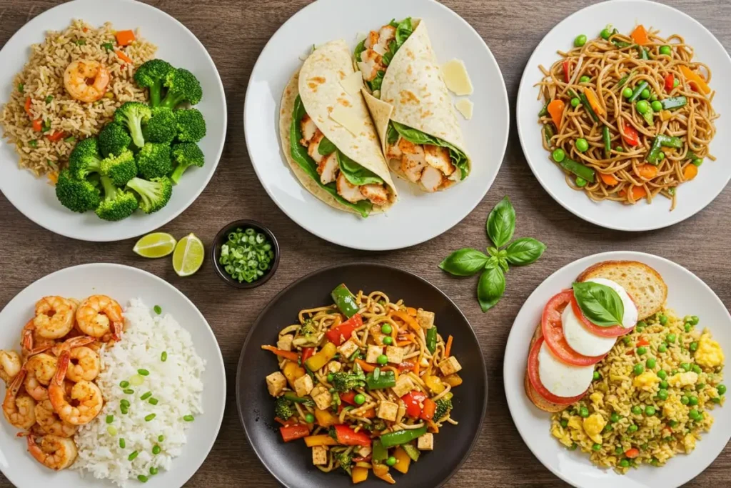 Overhead view of five quick and colorful 15-minute meals including shrimp with rice, chicken Caesar wrap, veggie stir-fry, Caprese sandwich, and egg fried rice