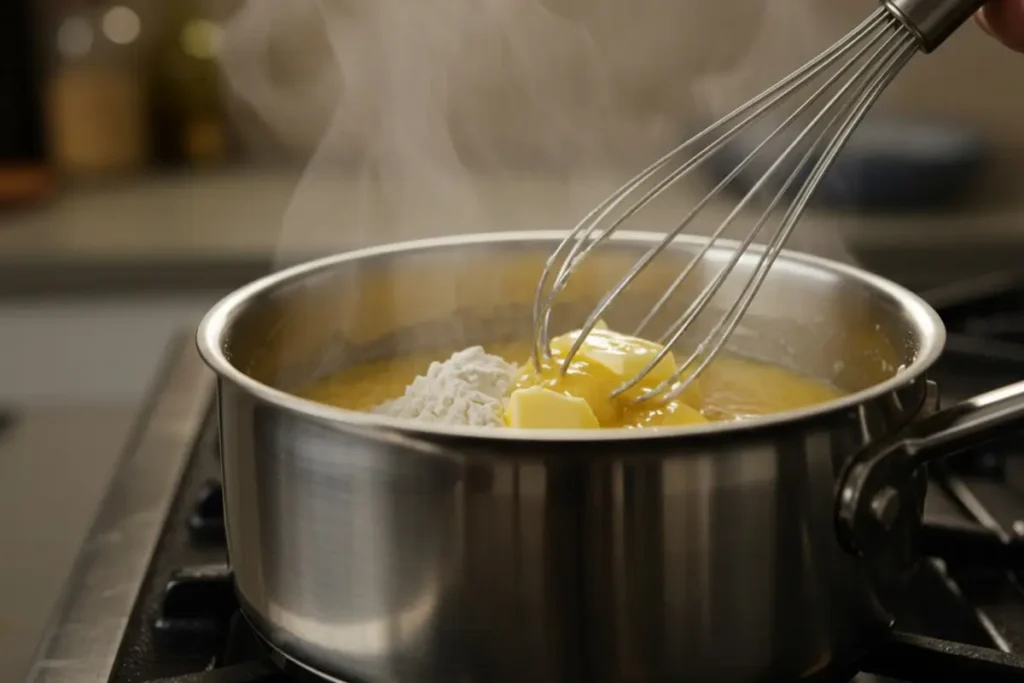 Butter and flour being whisked in a saucepan to create a golden roux
