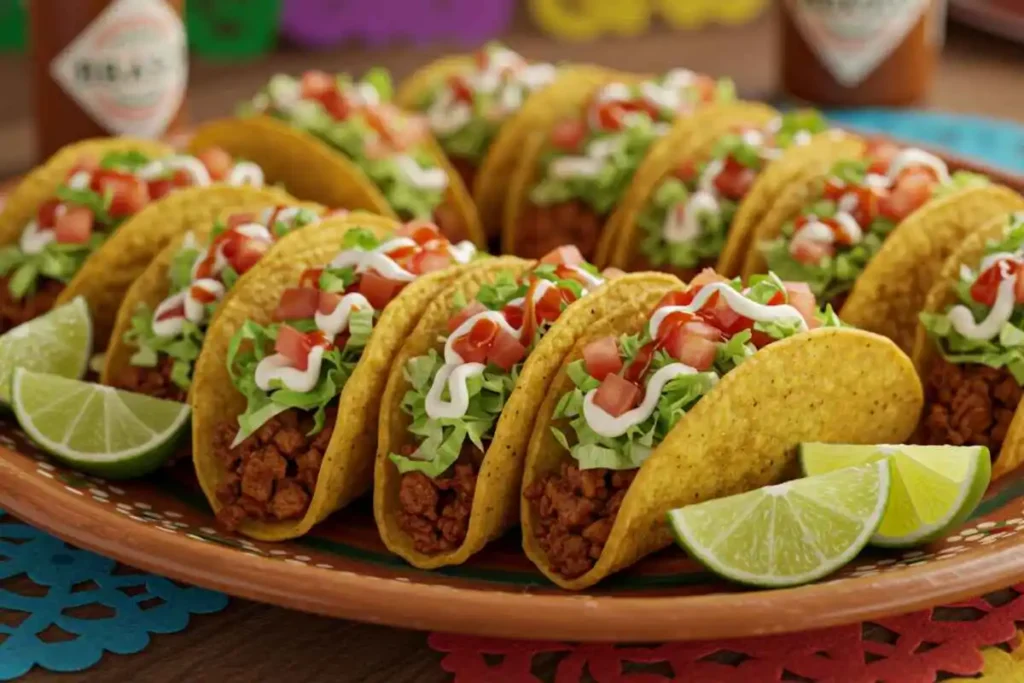 Crispy mini tacos topped with lettuce, tomatoes, and sauces on a festive platter