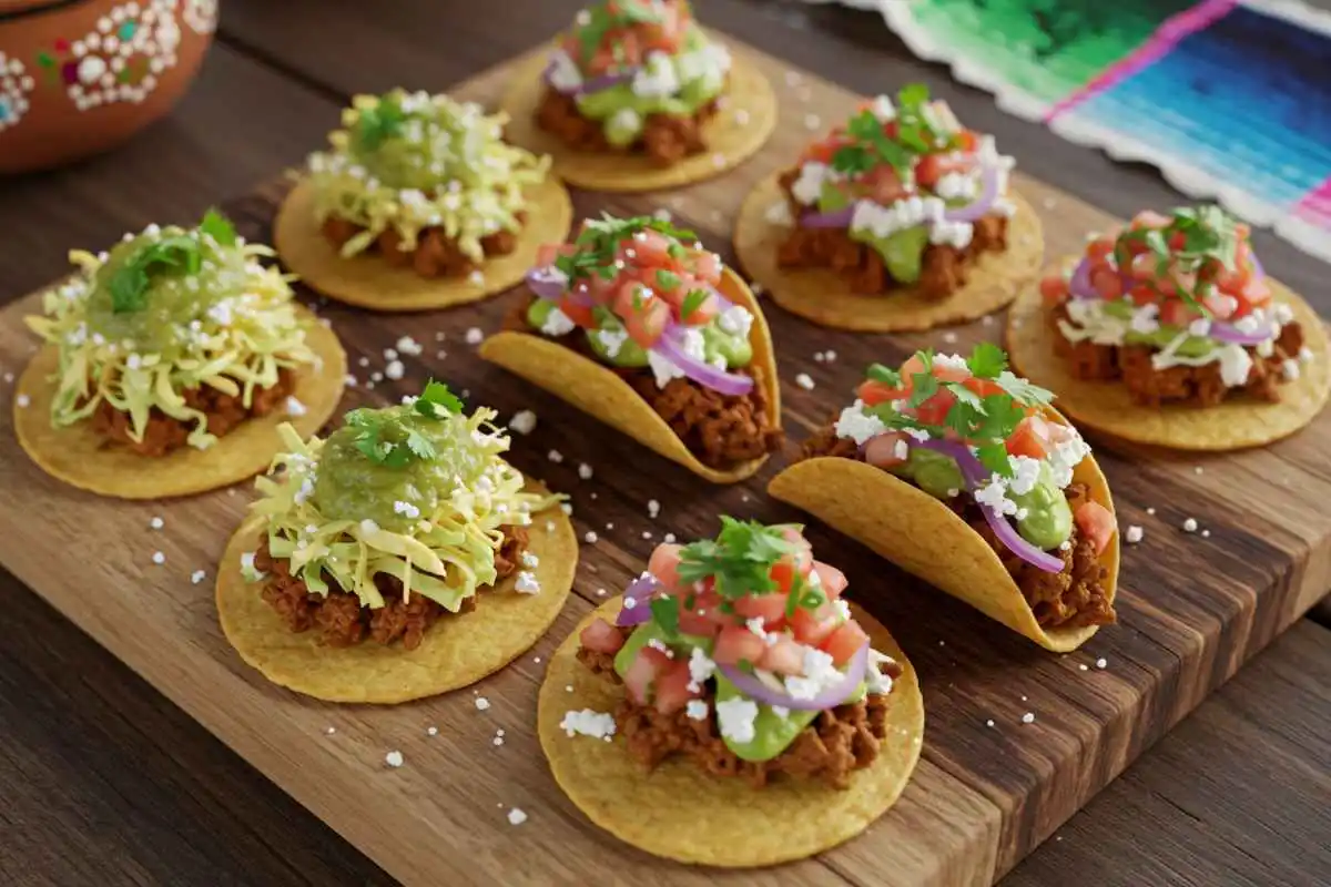 Top-down view of assorted mini tacos served on a wooden board