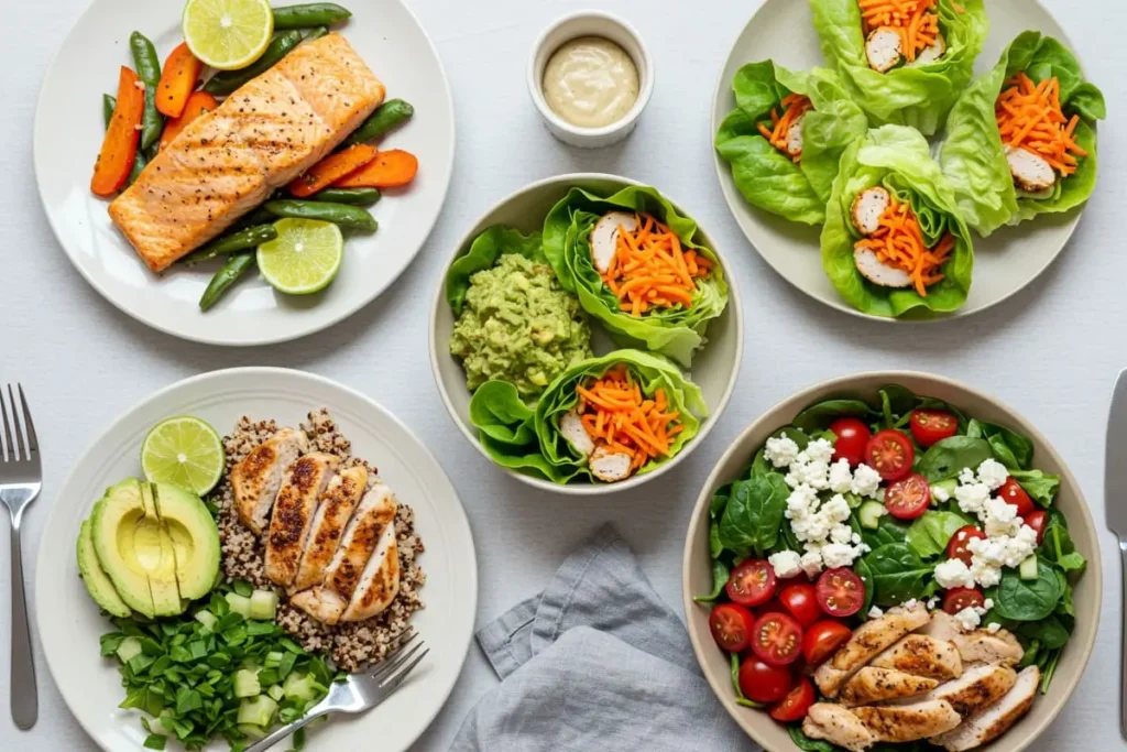 Four quick and healthy dinners including grilled salmon, lettuce wraps, quinoa bowls, and chicken salad with Greek yogurt