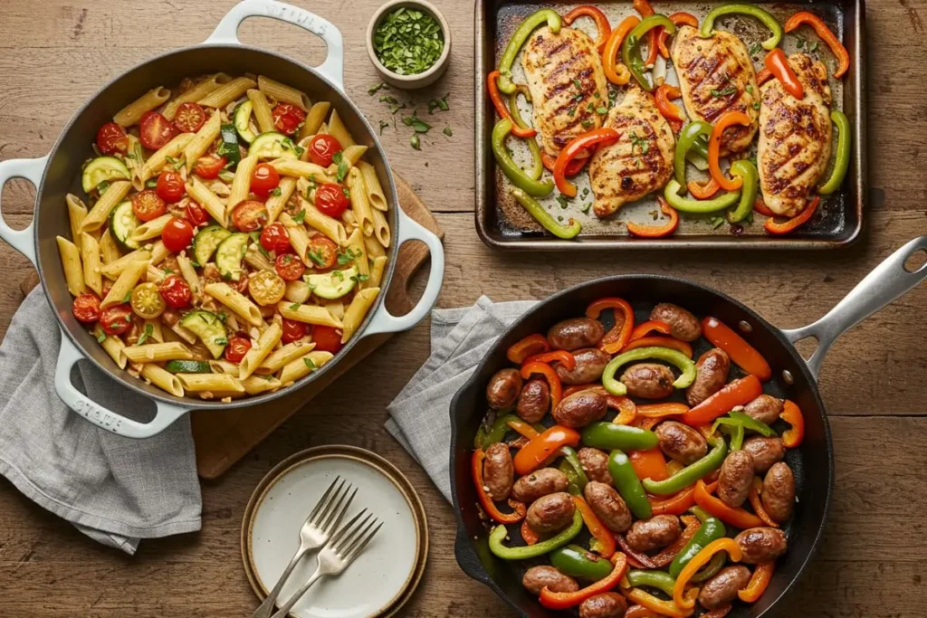 Three quick and hearty meals including pasta primavera, sheet pan chicken fajitas, and skillet sausage with peppers, prepared in one dish