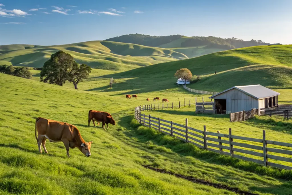 Cattle grazing on a lush green pasture with rolling hills, wooden fences, and a farm shed in the countryside