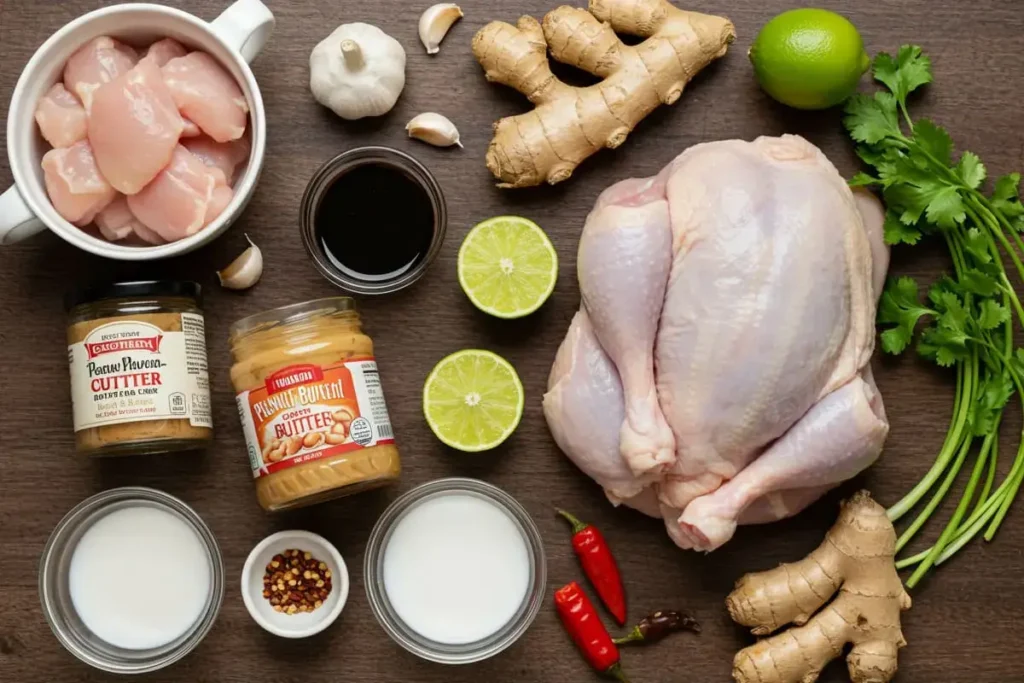 Raw chicken and peanut butter with other ingredients on wooden ta