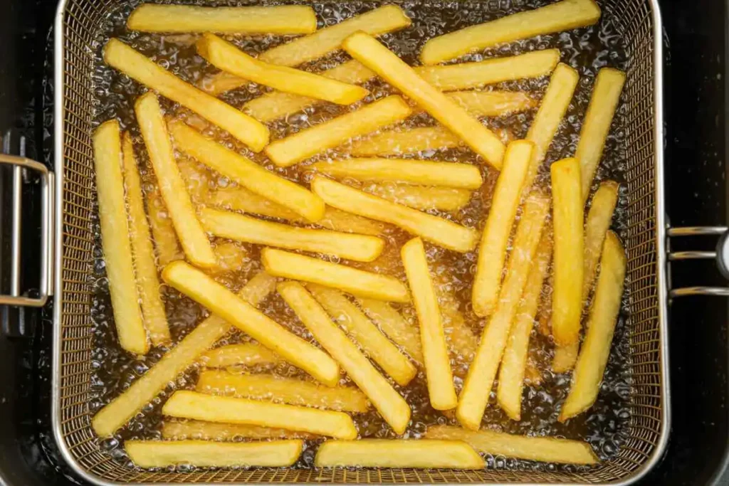 Golden fries being deep fried in hot oil with temperature gauge.
