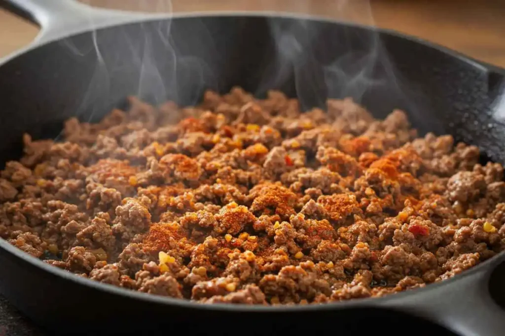 Ground beef cooking in a skillet with taco seasoning and steam rising