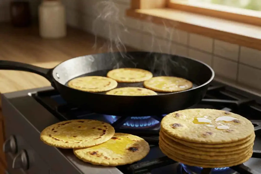 Mini tortillas being warmed and brushed with oil on a stovetop pan
