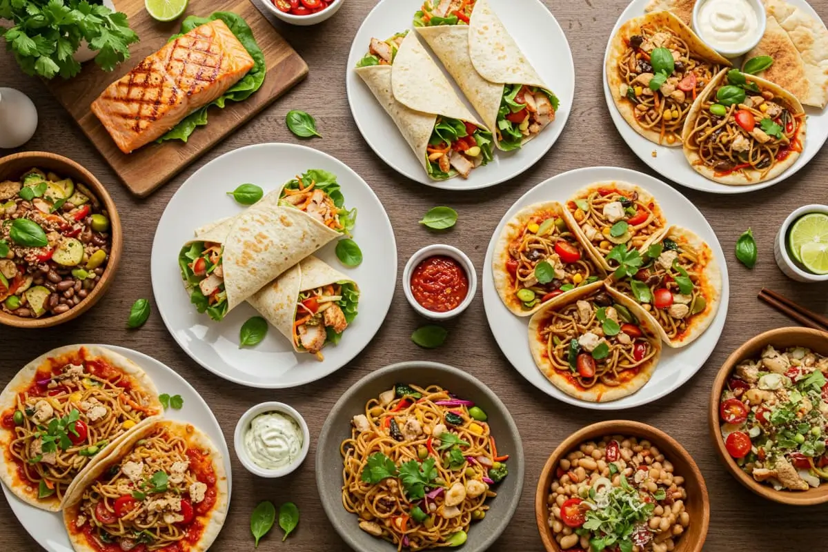 A family-style dinner table with a variety of quick dinner meals including wraps, tacos, stir-fry, grilled salmon, and vegetarian options
