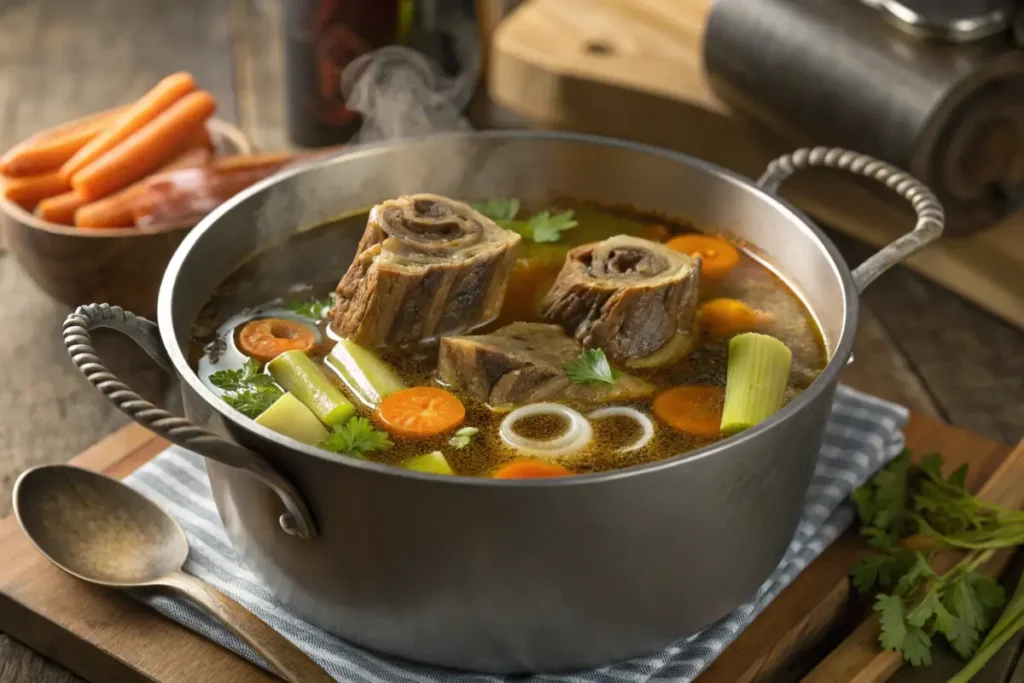 Hearty beef bone broth with marrow bones, carrots, leeks, and fresh herbs simmering in a pot