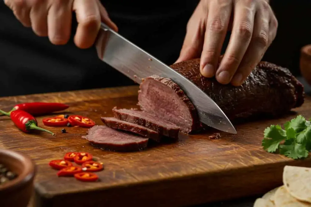 Cooked beef tongue sliced on a cutting board. 
