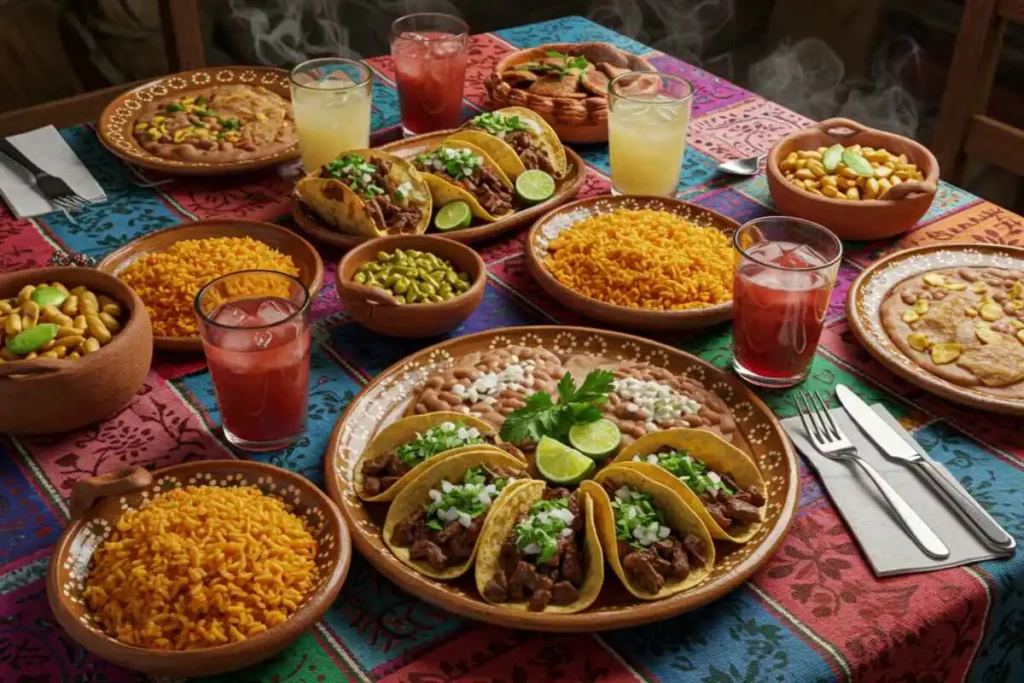 Tacos de lengua served with rice, beans, and Mexican drinks.