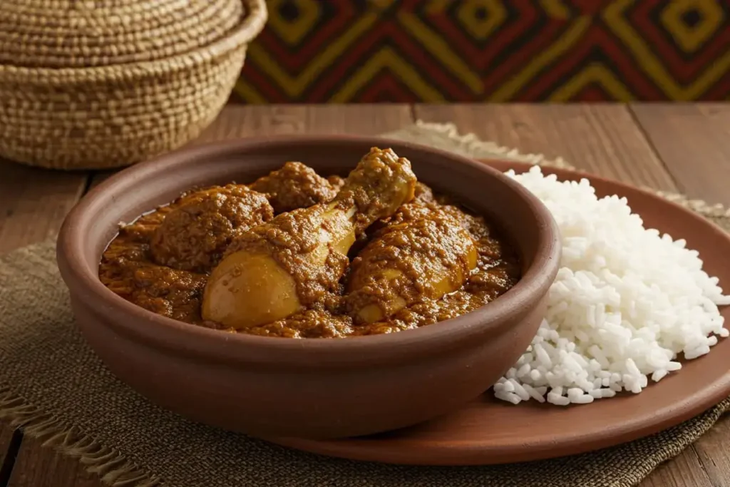 African chicken peanut stew served in clay bowl with rice